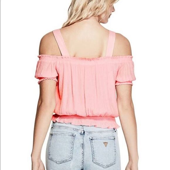 GUESS pink off shoulder cold shoulder ruched boho festival  crop top XS - Picture 2 of 13